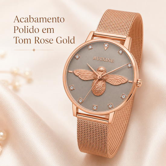 Relógio feminino rosé com mostrador cinza claro e pulseira de aço malha; abelha 3D
