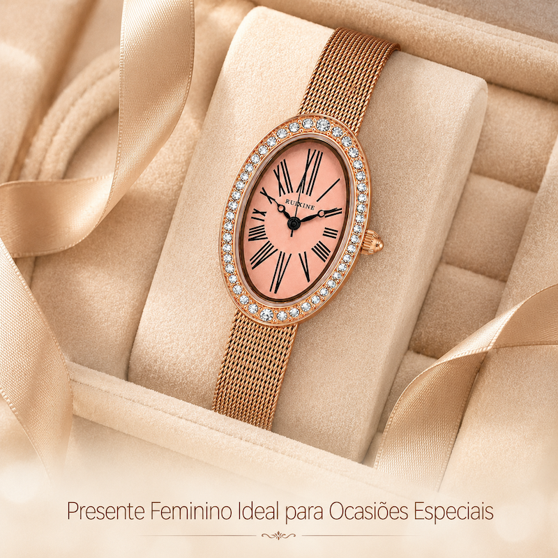 Relógio oval dourado rosé com pulseira de malha e mostrador com algarismos romanos