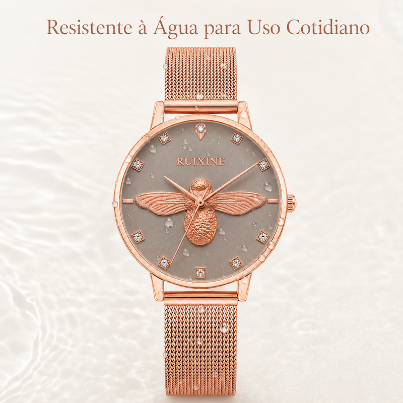 Relógio feminino com mostrador cinza escuro e pulseira de aço malha rosé; abelha 3D
