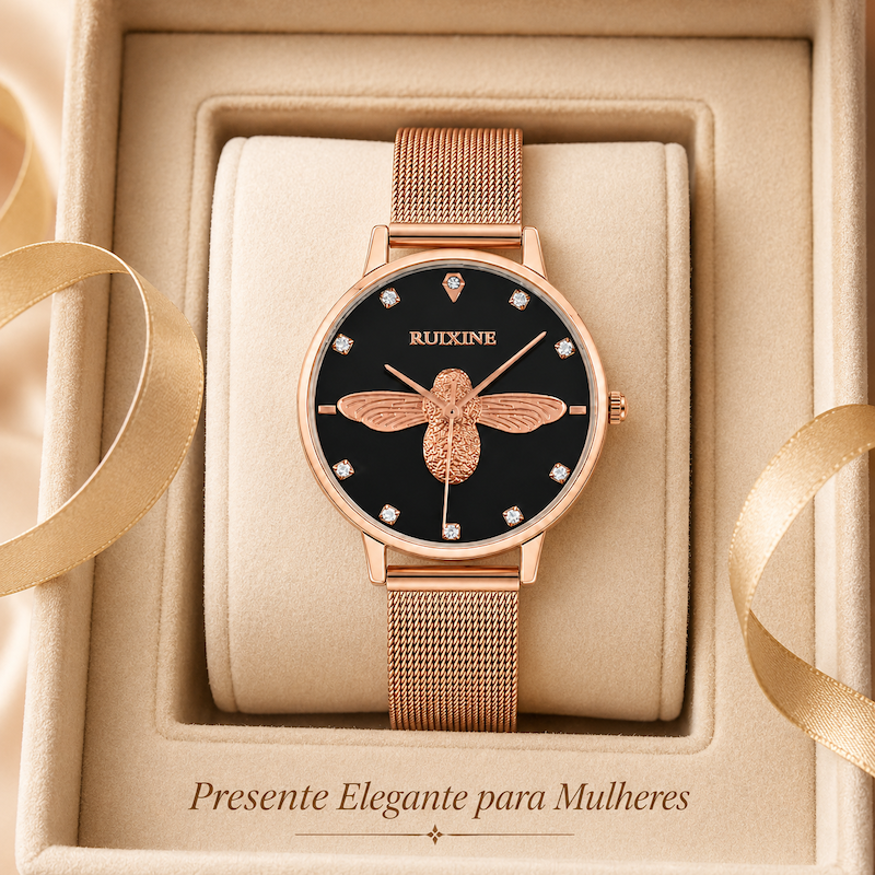 Relógio feminino rosé com mostrador preto e pulseira de aço malha; abelha 3D central