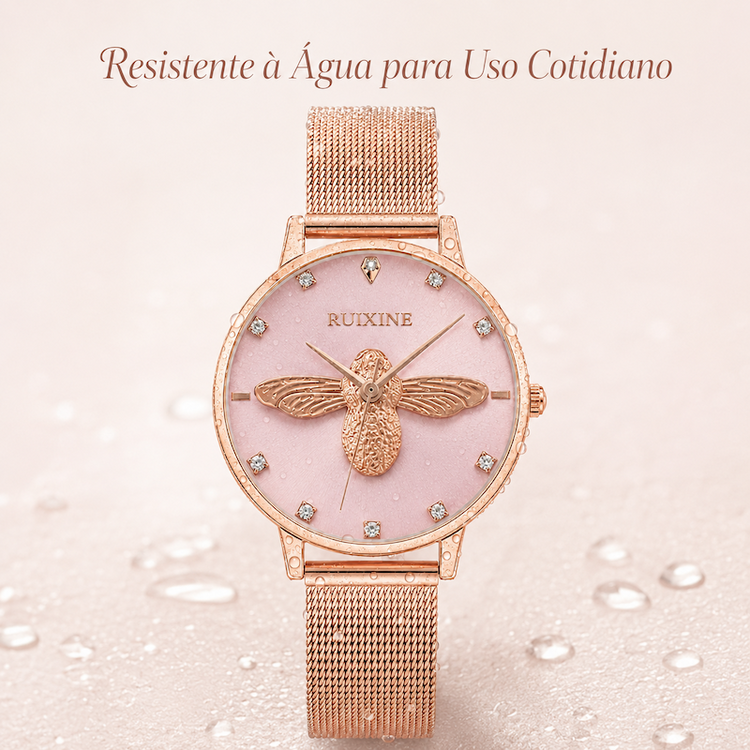 Relógio feminino rosé com mostrador claro e pulseira de aço malha; abelha 3D e strass
