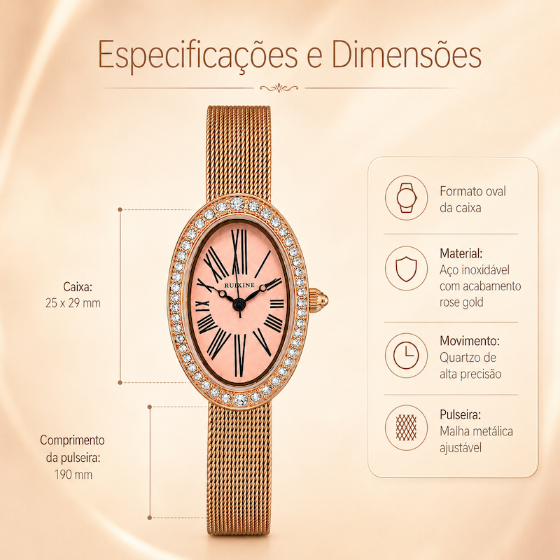 Relógio oval rosé gold com pulseira de malha metálica e bezel cravejado de cristais