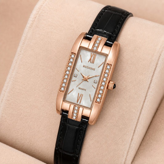 Relógio feminino retangular rose gold com pulseira de couro preta e mostrador branco