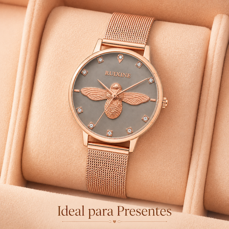 Relógio feminino com mostrador cinza e pulseira metálica rosé, detalhe de abelha dourada