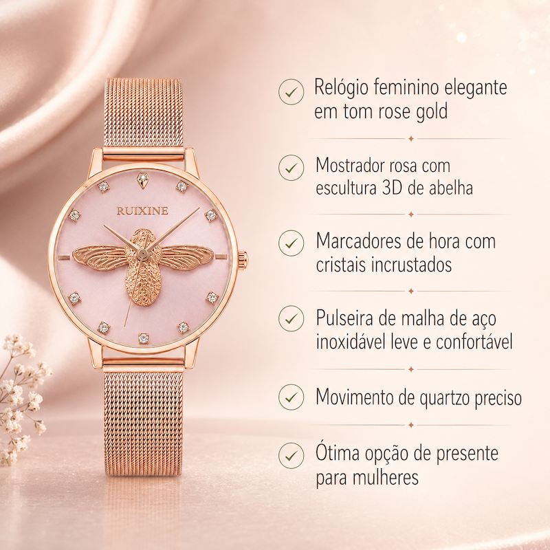 Relógio feminino rosé com mostrador claro e pulseira malha; abelha 3D e marcadores de hora