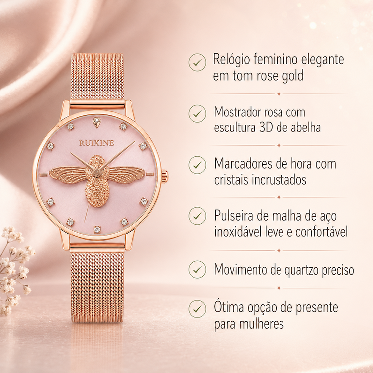 Relógio feminino rosé com mostrador claro e pulseira malha; abelha 3D e marcadores de hora