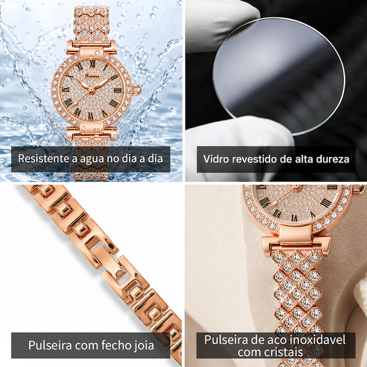 Relógio feminino rosé com pulseira de elos cravejados e mostrador com cristais