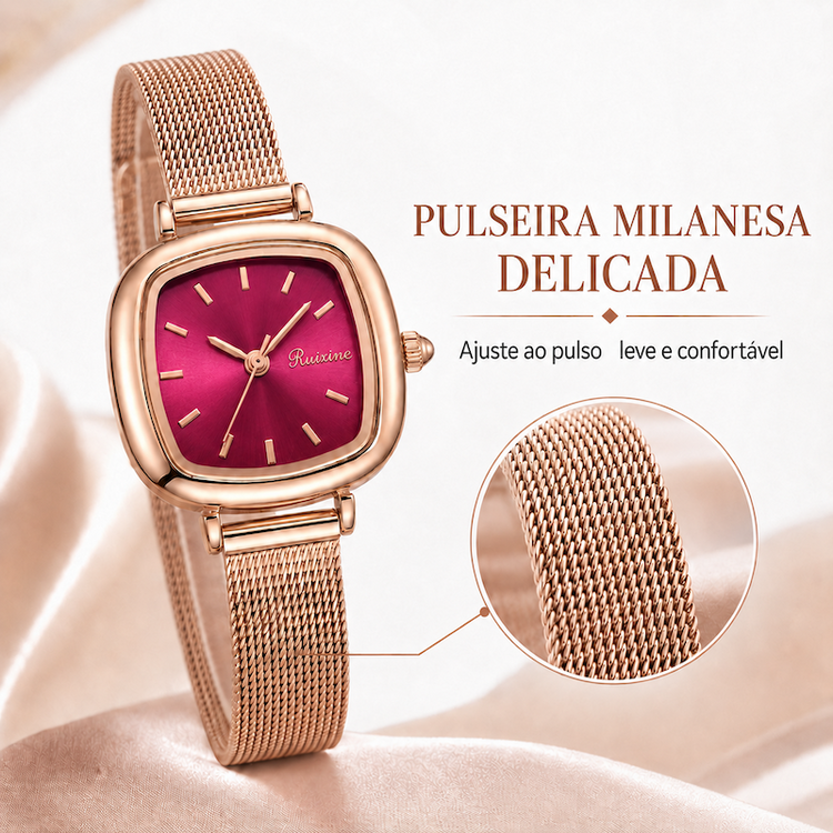 Relógio quadrado delicado, mostrador vinho e pulseira de malha milanesa dourada rosé