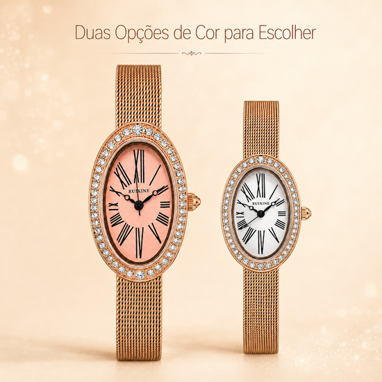 Par de relógios ovais rosé gold com pulseira de malha e cristais: mostrador rosa e branco