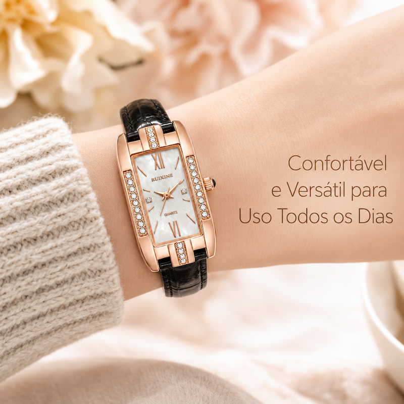 Relógio feminino rose gold com pulseira de couro preta e mostrador branco com números romanos