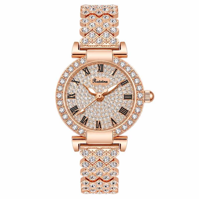 Relógio feminino rosé com pulseira cravejada e mostrador circular com cristais