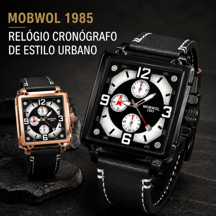 Relógio cronógrafo Cronos quadrado, pulseira de couro preta e mostrador branco