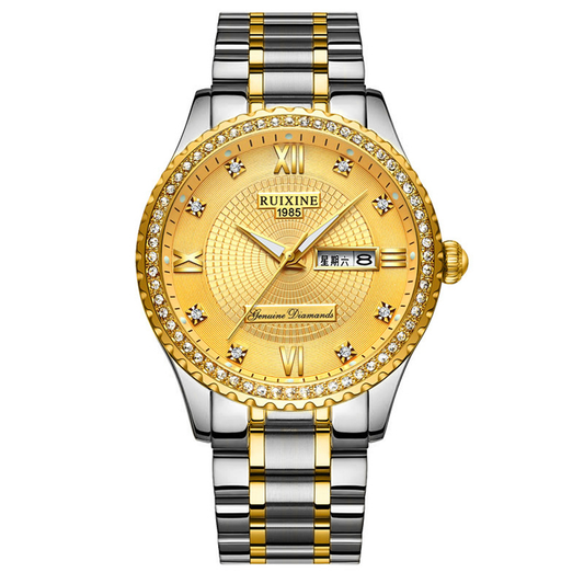 Relógio masculino bicolor com mostrador dourado e pulseira de aço listrada