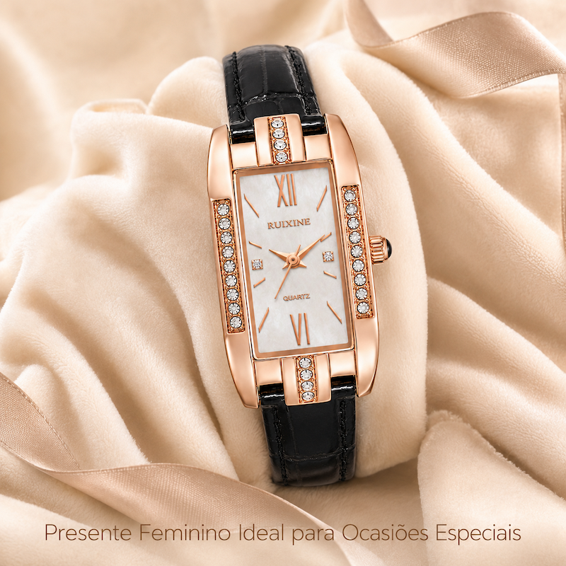 Relógio feminino retangular rose gold com moldura cravejada e pulseira preta de couro