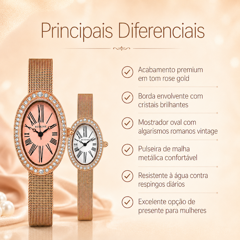Dois relógios ovais rosé gold com mostradores rosa e branco, moldura de cristais e pulseira de malha