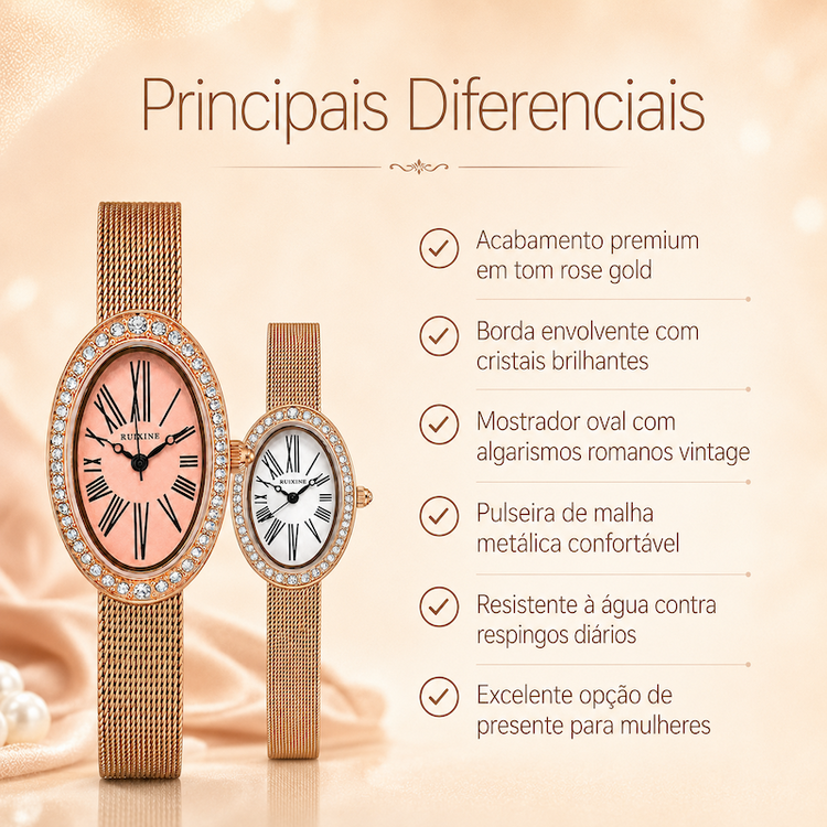 Dois relógios ovais rosé gold com mostradores rosa e branco, moldura de cristais e pulseira de malha