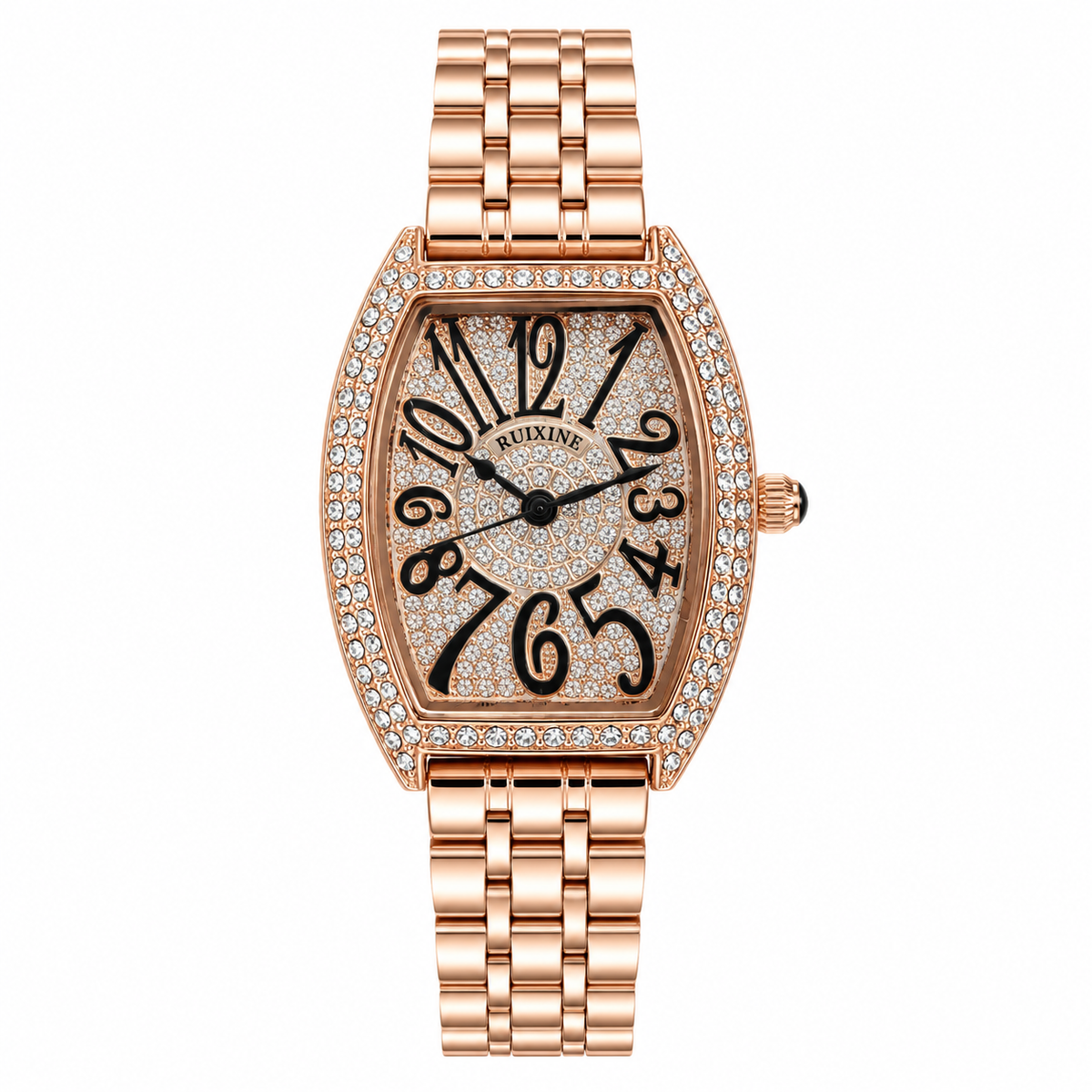 Relógio feminino rosé com mostrador preto e pulseira de aço com detalhes cravejados