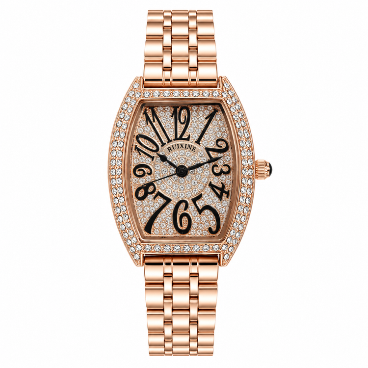 Relógio feminino rosé com mostrador preto e pulseira de aço com detalhes cravejados
