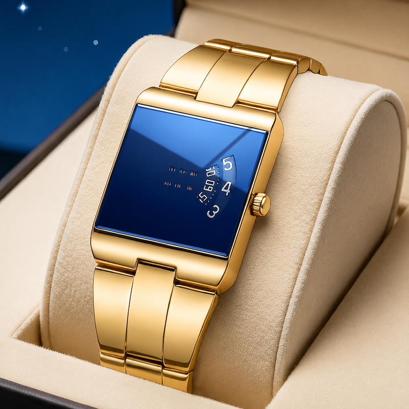 Relógio digital dourado com mostrador azul e pulseira metálica
