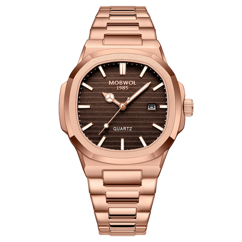Relógio masculino rose com mostrador marrom texturizado e pulseira metálica de elos