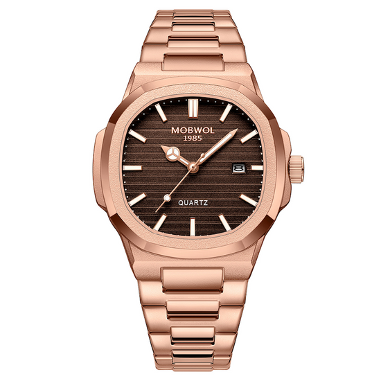 Relógio masculino rose com mostrador marrom texturizado e pulseira metálica de elos
