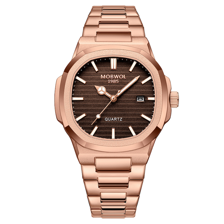 Relógio masculino rose com mostrador marrom texturizado e pulseira metálica de elos