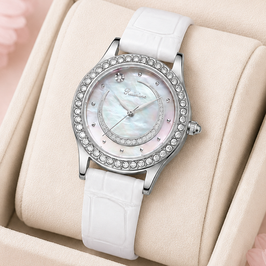 Relógio feminino Luar com pulseira branca de couro e mostrador azul translúcido