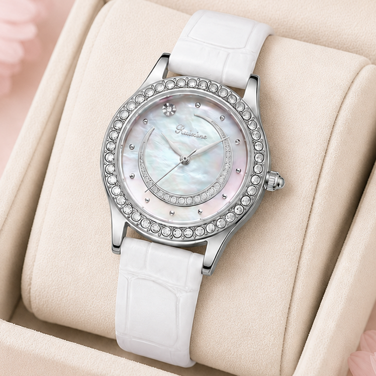 Relógio feminino Luar com pulseira branca de couro e mostrador azul translúcido