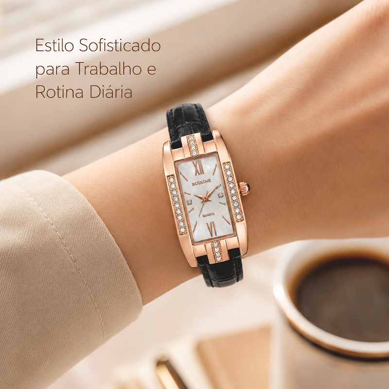Relógio feminino rose gold retangular com pulseira de couro preta e mostrador branco