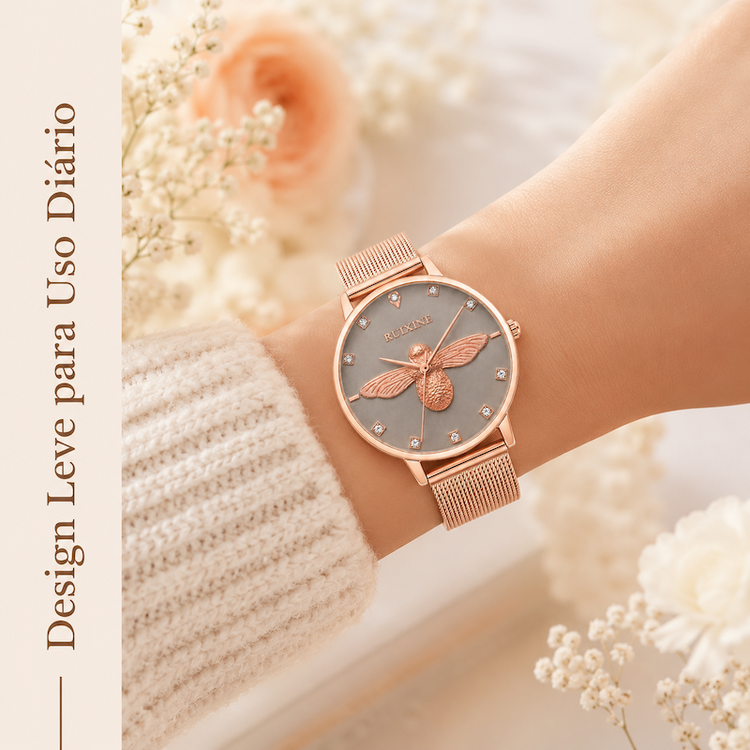 Relógio feminino rosé com mostrador azul-escuro e pulseira malha, abelha dourada