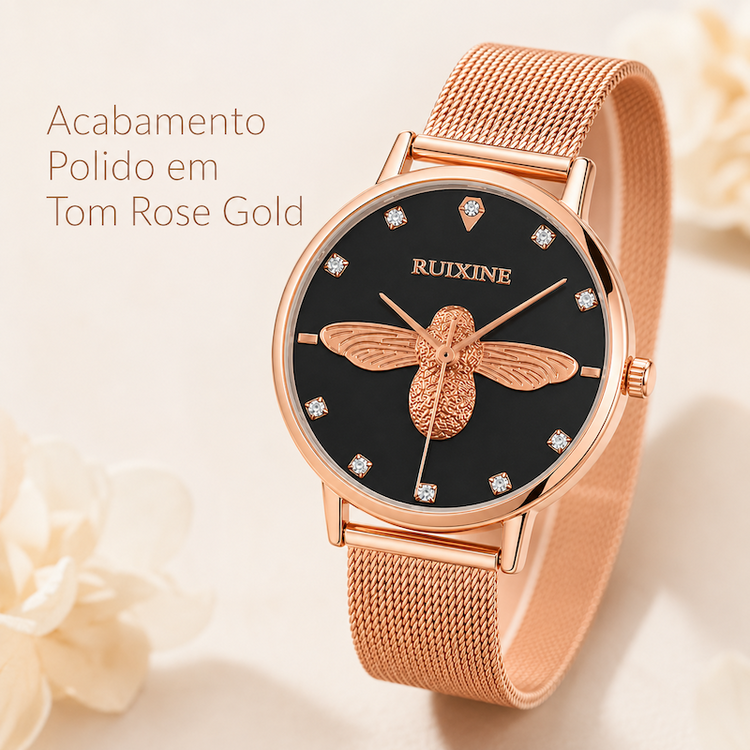 Relógio feminino rosé com mostrador preto e pulseira metálica, abelha dourada com pedras