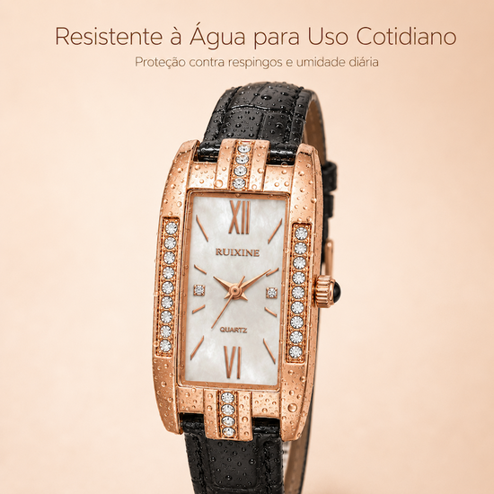 Relógio feminino retangular rose gold com caixa cravejada, pulseira preta e mostrador branco