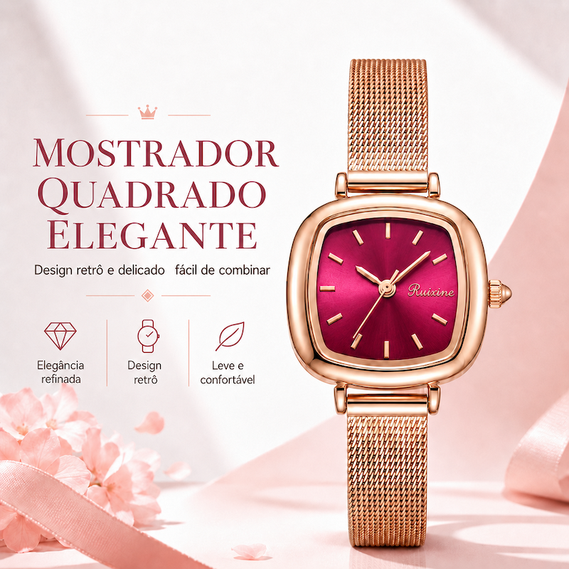 Relógio quadrado elegante com mostrador vinho e pulseira milanesa dourada rosé