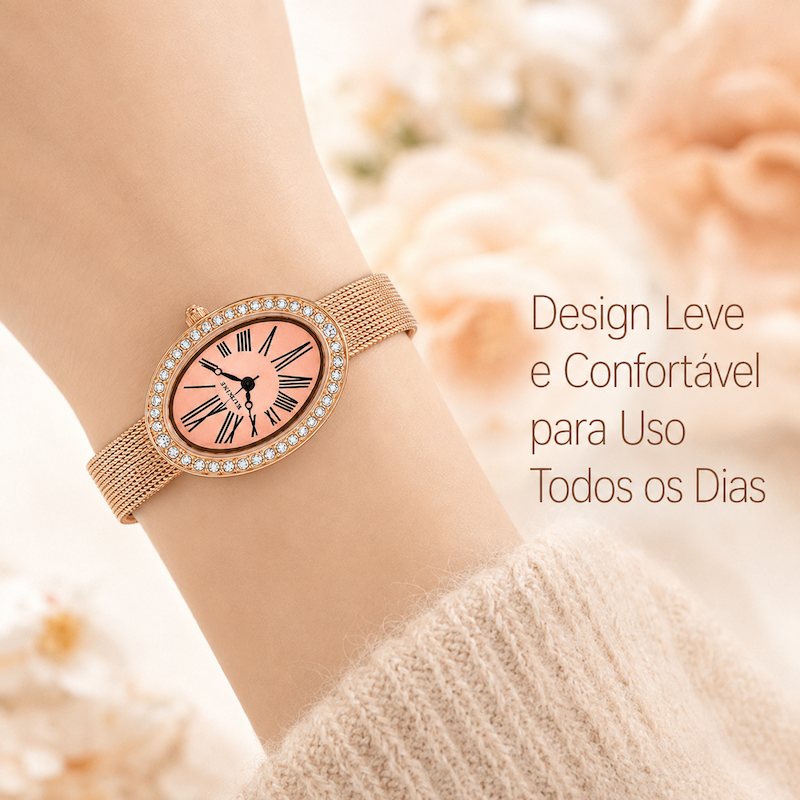 Relógio oval rosé gold de pulseira de malha metálica com mostrador rosa e cristais na moldura