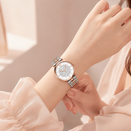 Relógio Estrela com mostrador branco e pulseira de aço bicolor rosé e prata