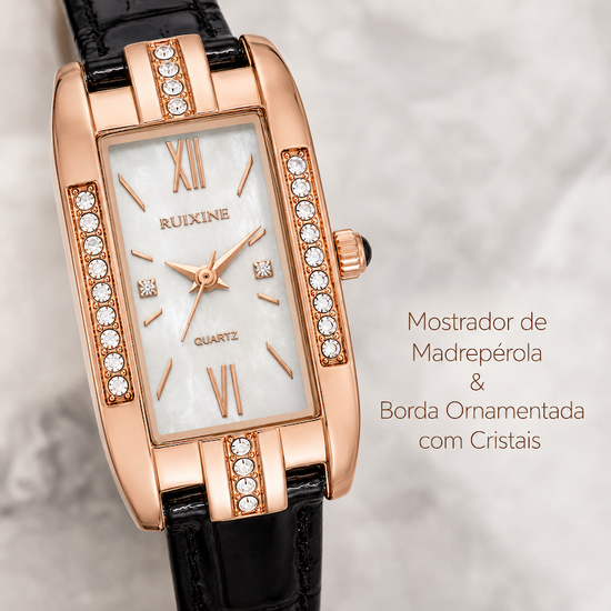 Relógio feminino com mostrador madrepérola e pulseira de couro preta, moldura rose gold