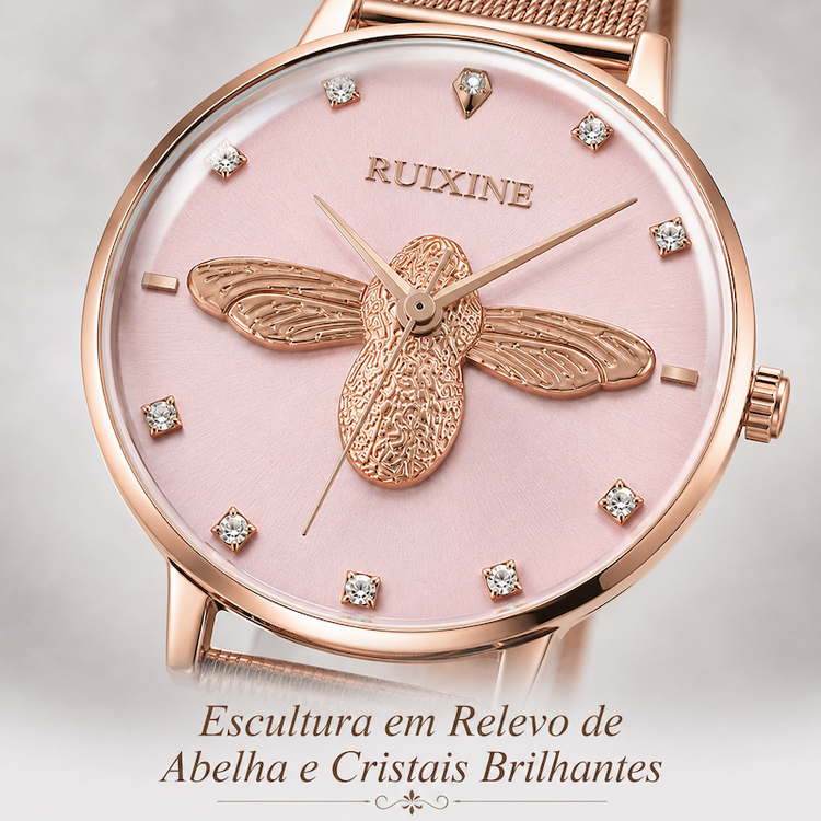 Relógio feminino rosé com mostrador rosa e pulseira malha, abelha dourada e cristais