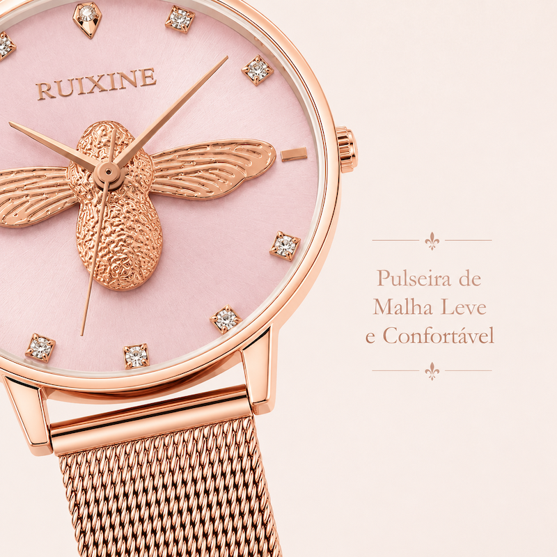 Relógio feminino com mostrador rosa, pulseira malha rosé e abelha dourada em destaque