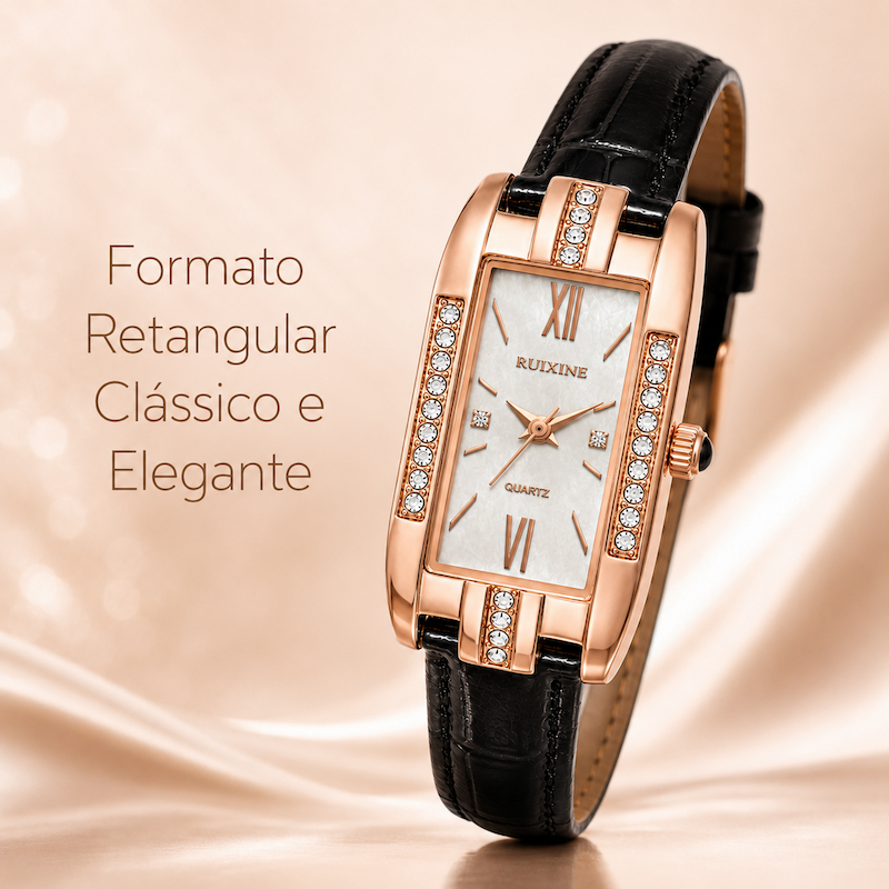 Relógio feminino retangular clássico com pulseira de couro preta e caixa rose gold cravejada