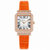 Relógio feminino laranja com pulseira textura croco, visor quadrado e moldura cravejada