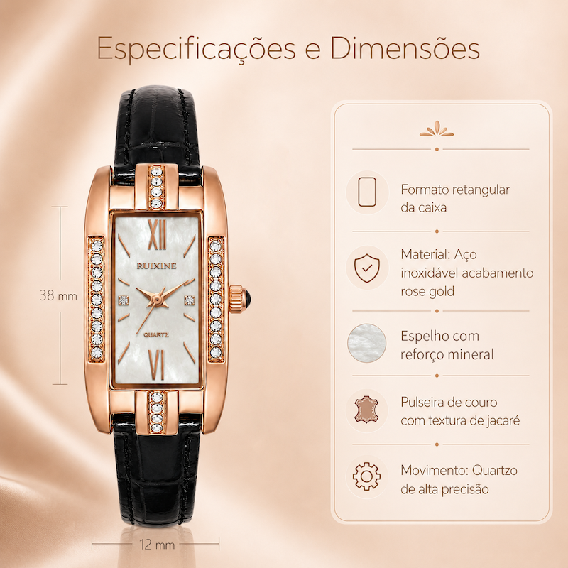 Relógio feminino retangular rose gold com pulseira de couro preta, mostrador branco e numerais romanos