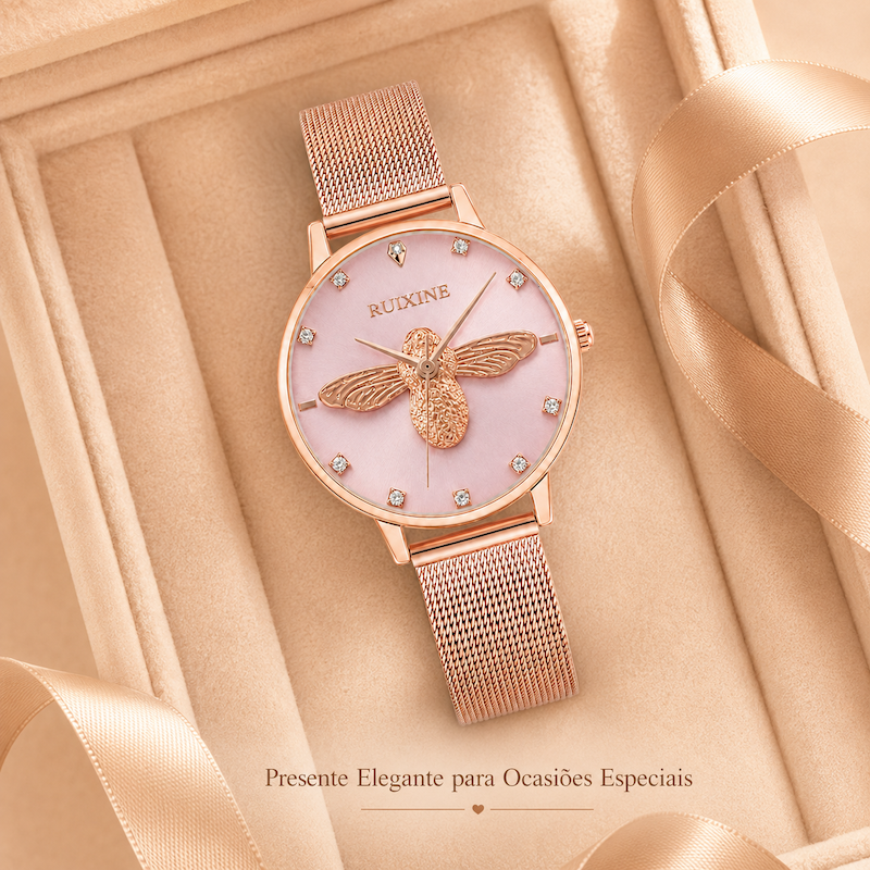 Relógio feminino rosé com mostrador claro e pulseira malha, abelha dourada com pedras