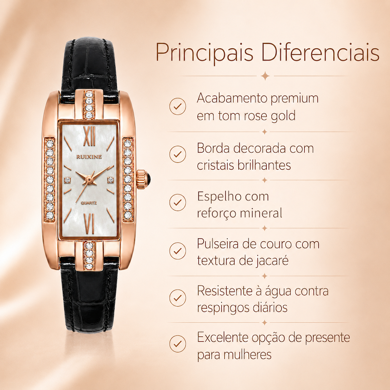 Relógio feminino rose gold com pulseira de couro preta e borda com cristais ao redor