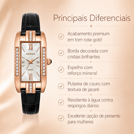 Relógio feminino rose gold com pulseira de couro preta e borda com cristais ao redor