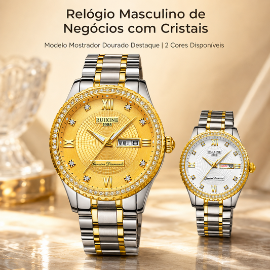 Par de relógios masculinos bicolores: dourado e branco, com pulseira de aço