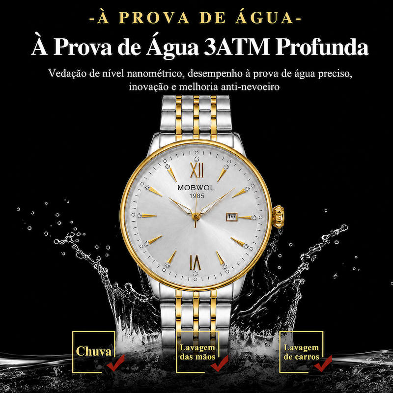 Relógio analógico com pulseira metálica bicolor, mostrador branco e detalhes dourados.