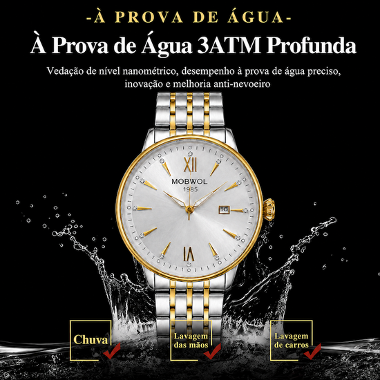 Relógio analógico com pulseira metálica bicolor, mostrador branco e detalhes dourados.