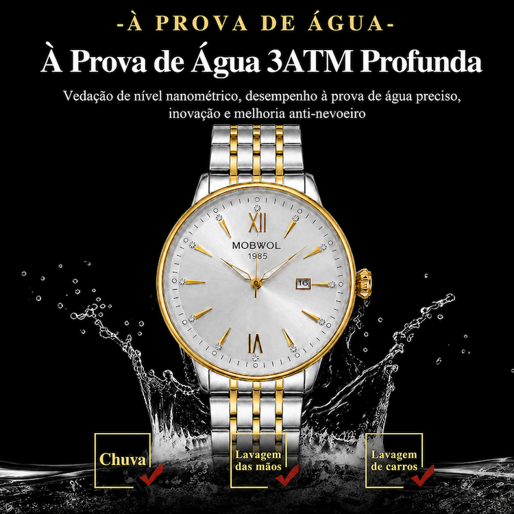 Relógio analógico com pulseira metálica bicolor, mostrador branco e detalhes dourados.