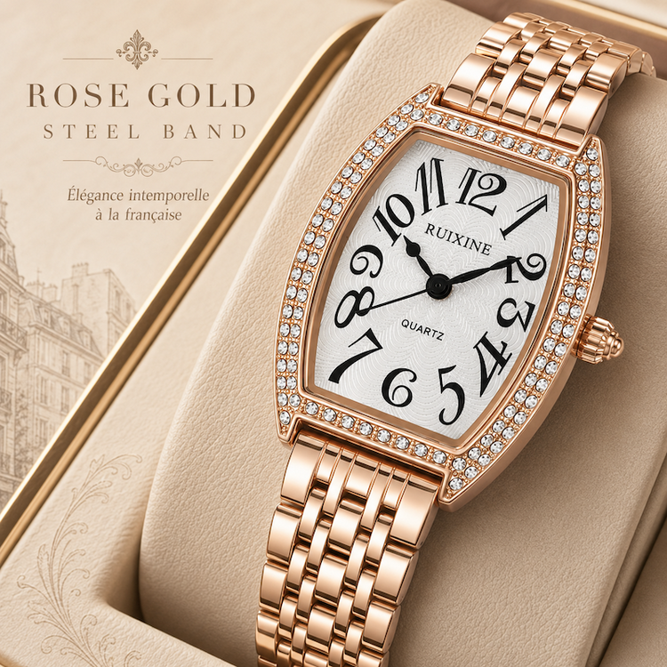 Relógio rosé com pulseira de aço e moldura cravejada, mostrador preto com números grandes