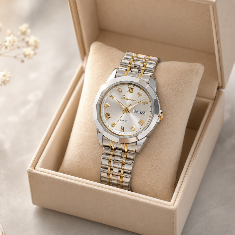 Relógio analógico mostrador branco, pulseira de aço prateado com detalhes dourados.